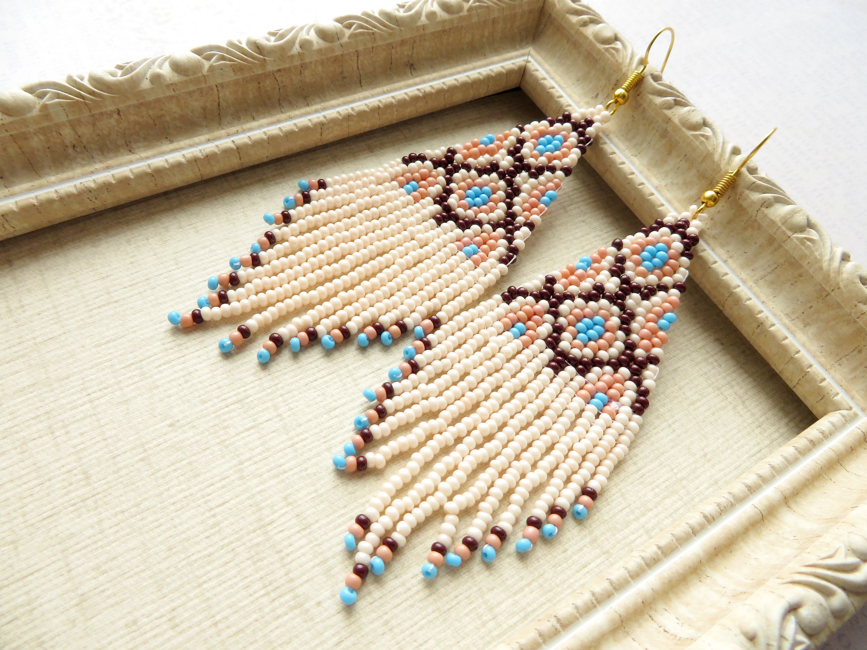 Native Beaded Earrings Long Beige Blue Seed Bead Earrings Multicolored ...