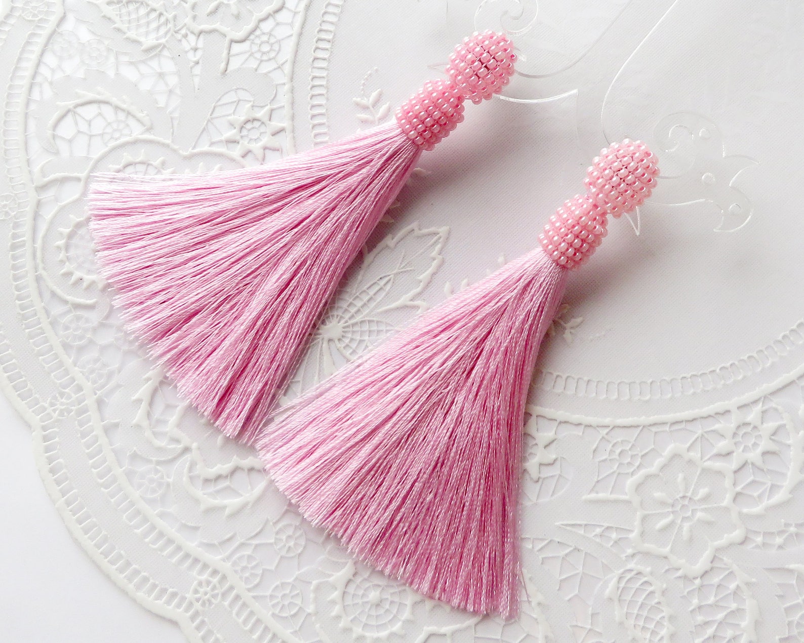 Pink Silk Tassel Beaded Tassel Earrings Pink Stud Tassel Etsy