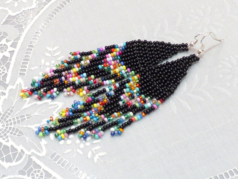 Black Tassel Earrings Long Black Beaded Earrings Multicolored Etsy