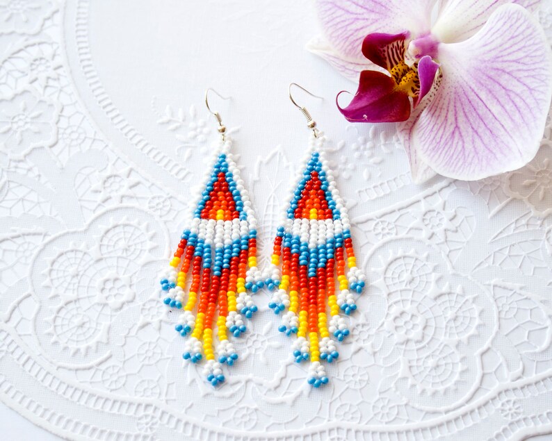 Rainbow earrings Long beaded earrings Long fringe earrings American Indian style jewelry Seed bead Cheap gifts Love gift Birthday gift image 1