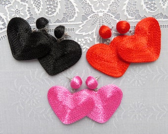 Bon Bon Earrings Cora heart White Black Red Pink heart drop wrapped silk cord Pom Pom Earrings Cord Stud Bonbon Long clip on earrings