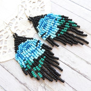 Colorful Flower Earrings Floral Boho style Dangle Earrings Bead tassel Earrings Blue Rose Beaded Earrings Black Seed Bead Earrings Huichol