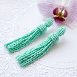 Turquoise mat tassel Seed beaded earrings Oscar de la Renta style Stud earrings Turquoise drop fringe earrings Statement trending earrings image 1