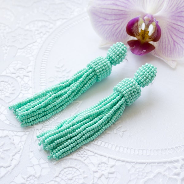 Turquoise mat tassel Seed beaded earrings Oscar de la Renta style Stud earrings Turquoise drop fringe earrings Statement trending earrings