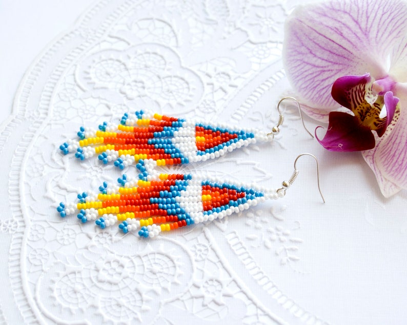 Rainbow earrings Long beaded earrings Long fringe earrings American Indian style jewelry Seed bead Cheap gifts Love gift Birthday gift image 2