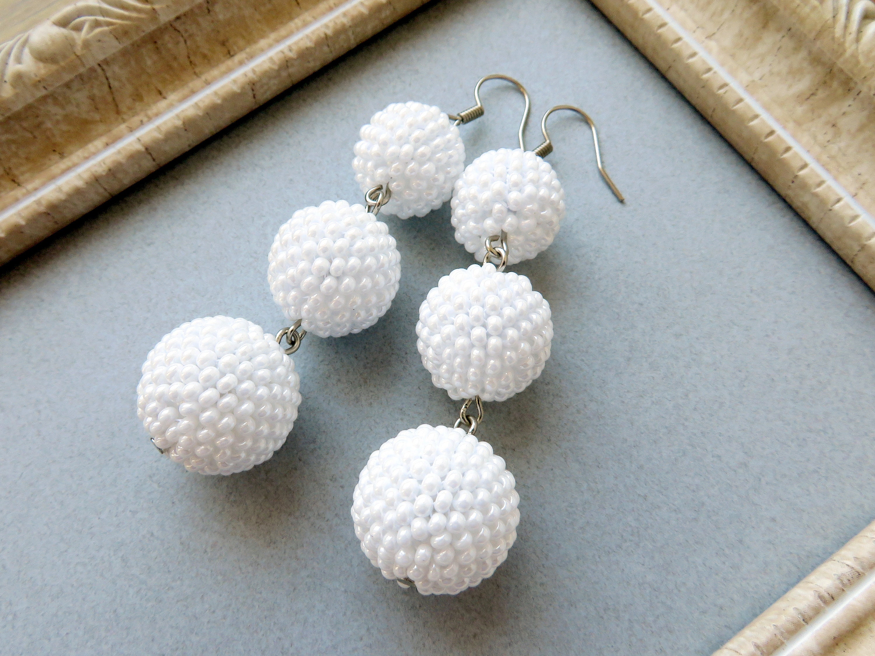 Bon Bon Earrings White Ball Drop Earrings Long Seed Beaded Etsy
