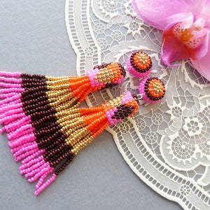Long Beaded tassel earrings Seed bead earrings Oscar de la Renta earrings Pink Orange Gold Brown Fringe earrings Dangle clip on tassel
