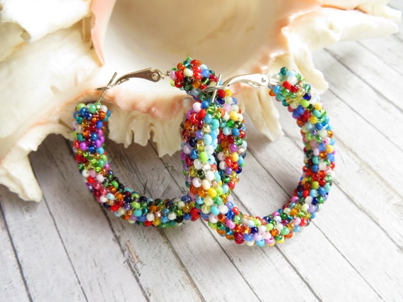 Multi colored beaded hoop on sale earrings