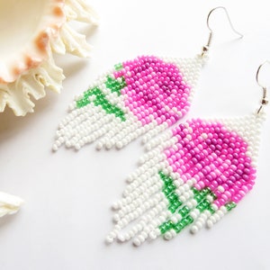 Colorful Flower Earrings Floral Boho style Dangle Earrings Bead tassel Earrings Pink Rose Beaded Earrings White Seed Bead Earrings Huichol