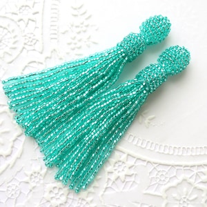 Blue Beaded tassel earrings Short Clip on earrings Seed bead earrings Oscar de la Renta earrings Long tassel Stud earrings Fringe earrings