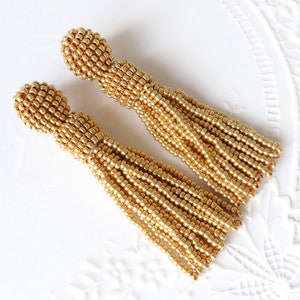 Gold Clip on earrings Beaded tassel earrings Fringe earrings Long tassel Short Seed bead earrings Oscar de la Renta earrings Stud earrings