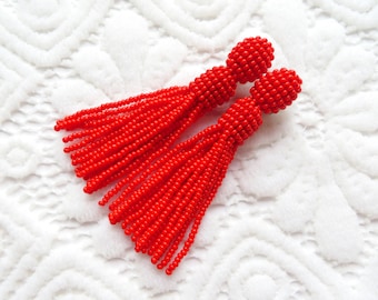 Long red beaded tassel earrings Oscar earrings Red clip on tassel earrings Oscar de la Renta earrings Fringe stud earrings Holiday earrings