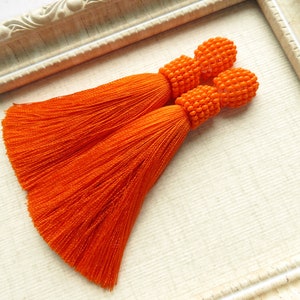 Orange earrings Long silk earrings Silk Beaded Tassels Jewelry Orange Clip on tassels earrings Oscar de la renta earrings Beadwork earrings