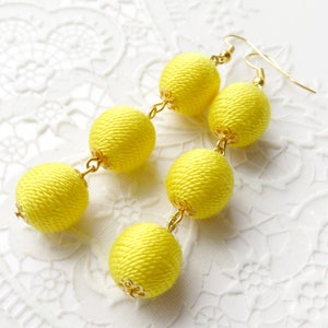 Yellow thread balls earrings Bon Bon Earrings Lemon small balls Cotton Pom Pom Earrings Long bonbon earrings Dangle fringe beads earrings