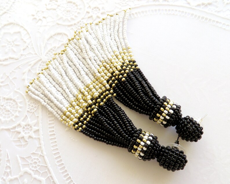 Black White Gold earrings Seed Beaded tassel earrings Oscar de la Renta style Long tassel Clip on earrings Statement Shiny Drop earrings