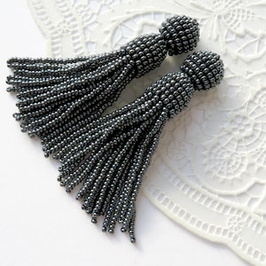 Hematite Black tassel earrings Long Beaded earrings Seed bead earrings Oscar de la Renta earrings Dangle tassel earrings Fringe earrings