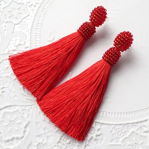 Long Red silk tassels earrings Beaded tassel earrings Red Oscar de la renta earrings Oscar earrings Red Seed bead earrings Christmas gift