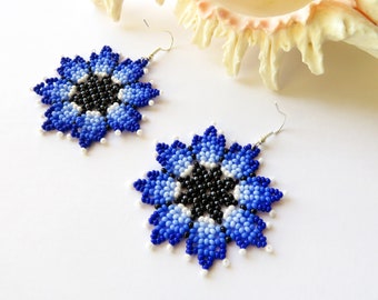Huichol earrings Navy Blue flower earrings Native Mexican earrings Seed bead earrings Long short Beaded earrings Floral Blue earrings Gift