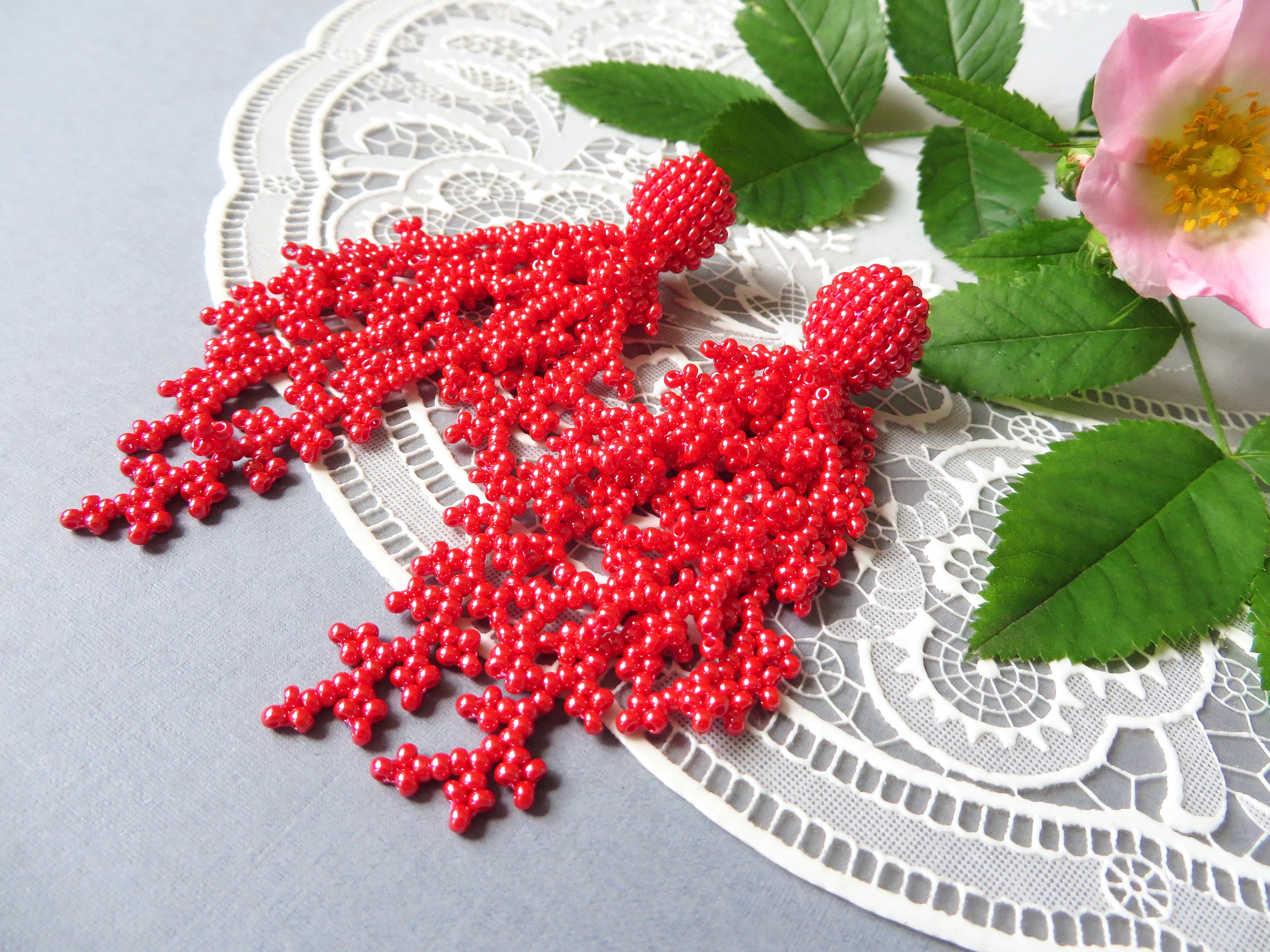Coral Red beaded earrings Statement earrings Long beaded tassel earrings Seed beads earrings Dangle Wedding earrings Pink Beach jewelry
