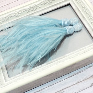 Light Blue Ostrich Feather Earrings Long Beaded tassel earrings Seed bead earrings Oscar earrings Clip on earrings Statement Fringe earrings
