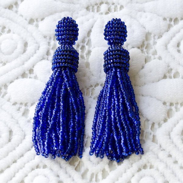 Cobalt blue shiny earrings Seed Beaded tassel earrings Oscar de la Renta style earrings Long tassel clip on earrings Statement Drop earrings