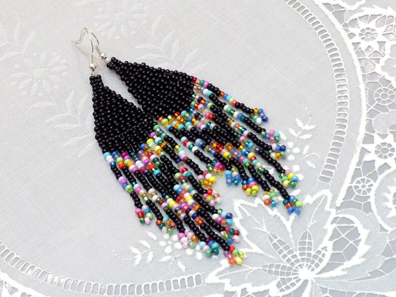 Black Tassel Earrings Long Black Beaded Earrings Multicolored Etsy