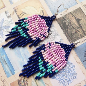 Colorful Flower Earrings Navy Purple Beaded Earrings Floral Boho style Dangle Earrings Bead tassel Earrings Emerald Seed Bead Earrings