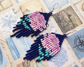 Boucles d'oreilles de fleur coloréemarine Purple Perlées Boucles d'oreilles Florales Boho style Dangle Boucles d'oreilles Perles De perles de gland Emerald Seed Bead Boucles d'oreilles