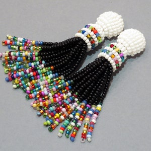 White fringe clip earrings Black Beaded tassel earrings Multicolor Stud seed bead earrings Oscar de ra renta earrings Boho bead ombre tassel