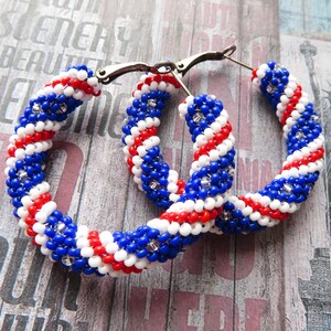 4th of July earrings Beaded hoop earrings Seed bead earrings American Flag Earrings Patriotic Earrings US Flag earrings Statement earrings