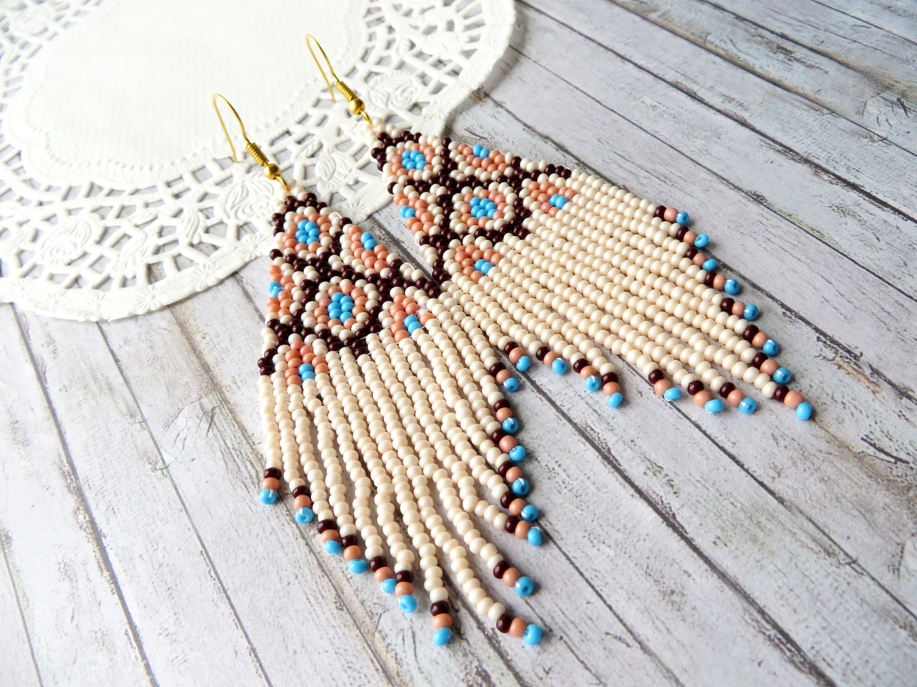 Native Beaded Earrings Long Beige Blue Seed Bead Earrings Multicolored ...