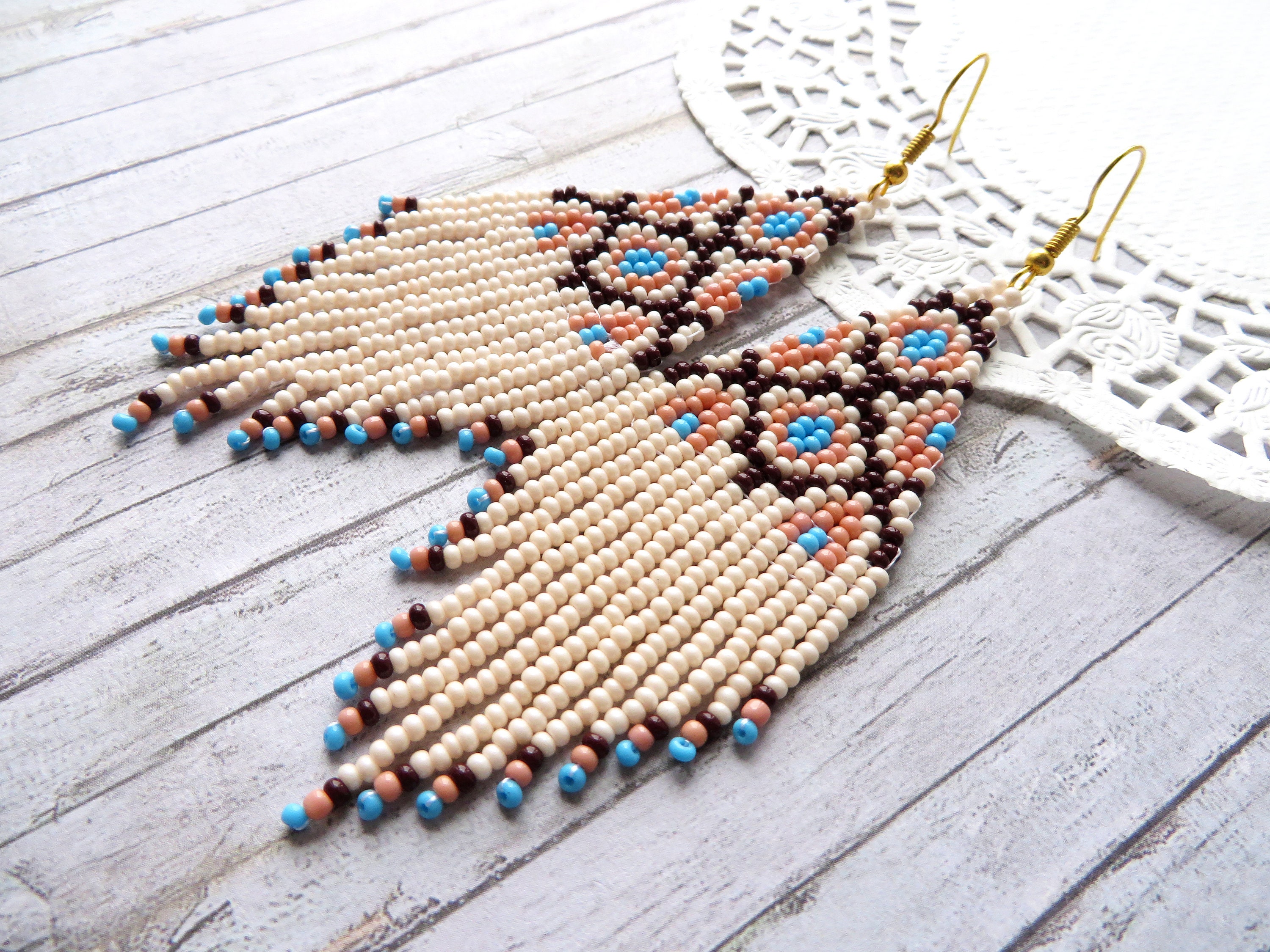 Native Beaded Earrings Long Beige Blue Seed Bead Earrings Multicolored ...