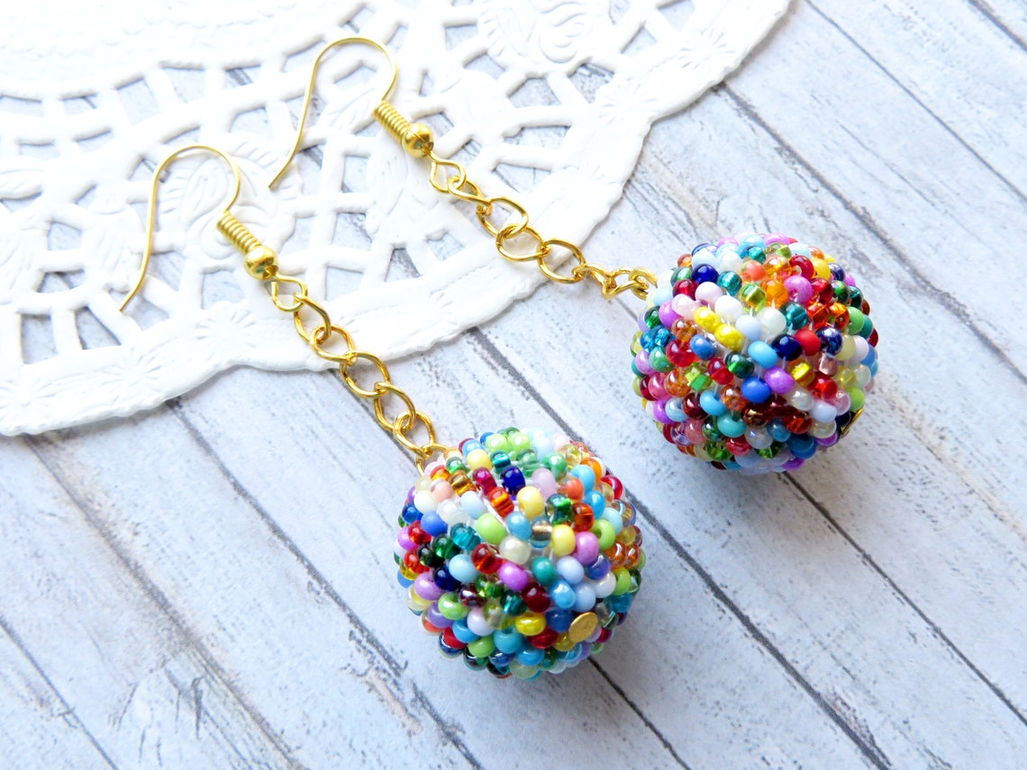 Beaded Ball Earrings Statement Earrings Beads Ball Drop Etsy