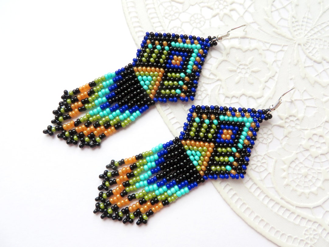 Native Inspired Beaded Earrings Long Black Beige Blue Seed Beads ...