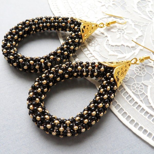 Long black gold earrings Stylish modern earrings Statement Chandeliers earrings Elegant Party Earrings Romantic Oval Seed bead earrings Gift