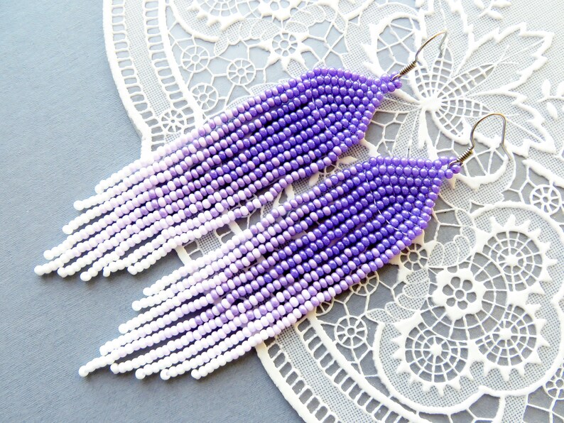 Beaded Tassel Earrings Violet Fringe Ombre Earrings Long Etsy