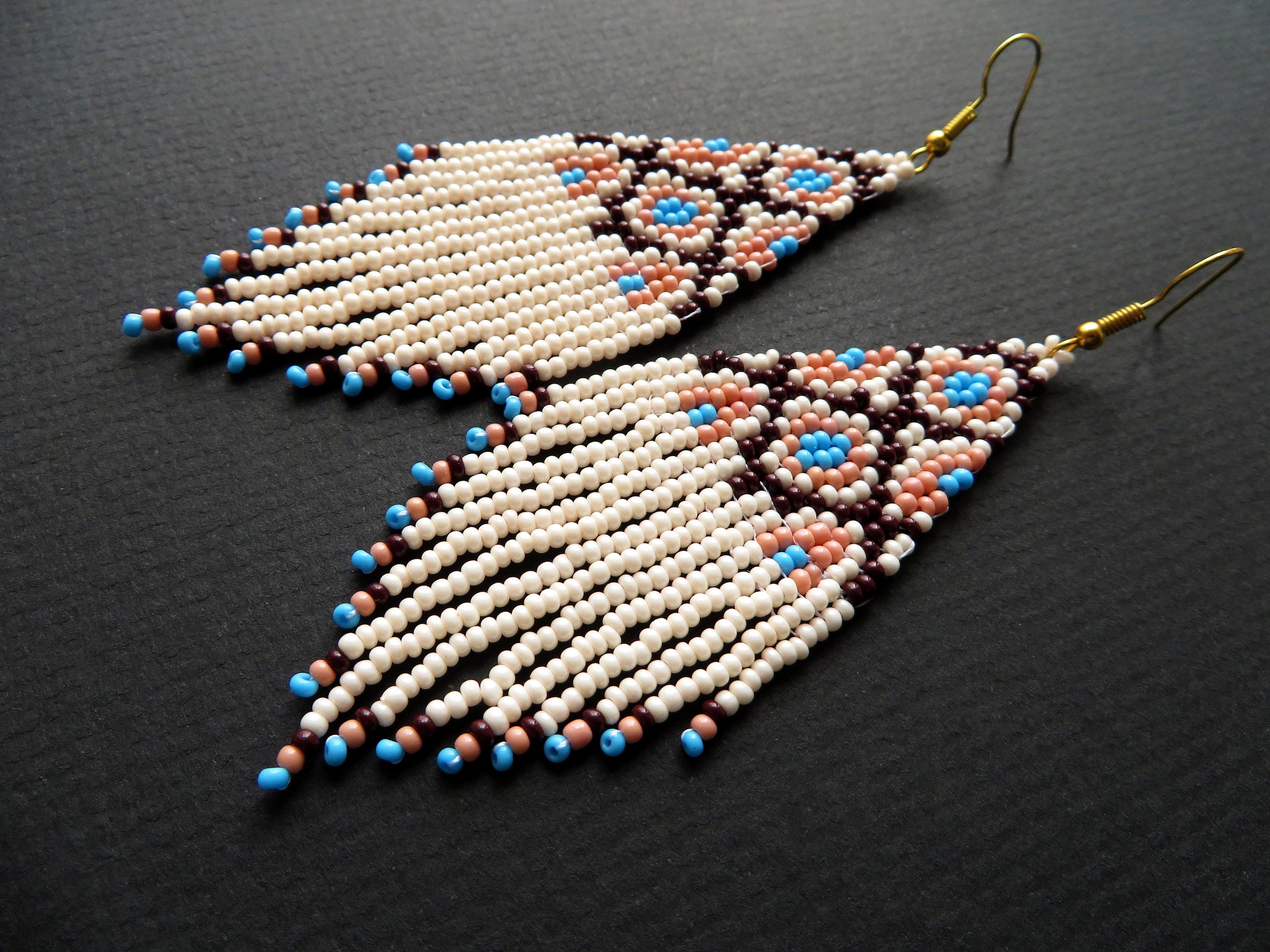 Native Beaded Earrings Long Beige Blue Seed Bead Earrings Multicolored ...