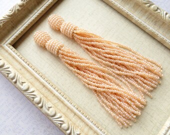 Beaded tassel earrings Short Clip on earrings Brush Seed bead earrings Oscar de la Renta fringe earrings Long Pink tassel Bead Stud earrings