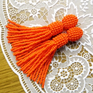 Orange beaded tassel earrings Fringe Clip on earrings Oscar de la Renta earrings Stud Long Short tassel earrings Orange Dangle earrings Gift