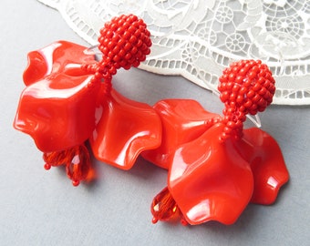 Boucles D'Oreilles Oscar De La Renta - Fleur Émaillée Rose - Plaqué Or - Neuf Sans Emballage