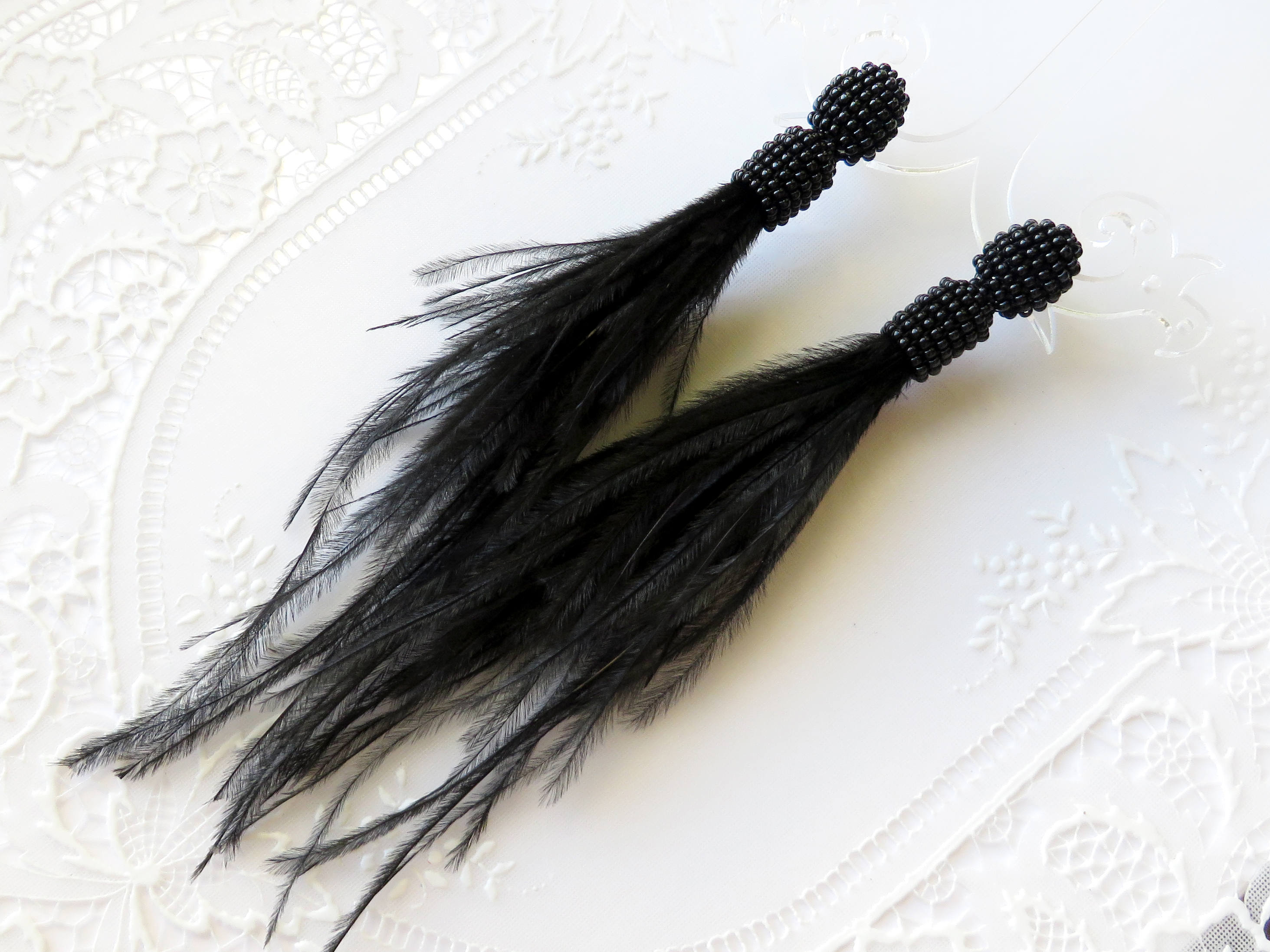 Long Black Fringe Ostrich Feather Earrings Beaded Tassel - Etsy