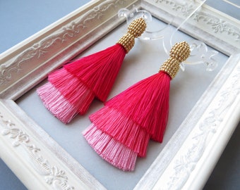 Hot Pink Clip on earrings Pink Ombre Tiered Silk beaded tassel earrings Statement Stud earrings Oscar de la renta Long Seed beads earrings