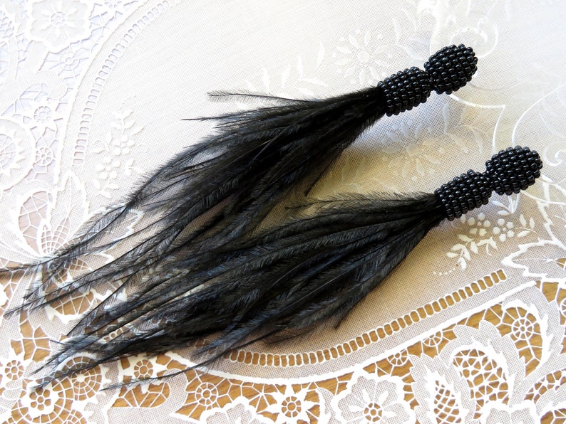 Long Black Fringe Ostrich Feather Earrings Beaded Tassel - Etsy