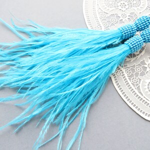 Light Blue Ostrich Feather Earrings Long Beaded tassel earrings Oscar Fringe earrings Blue clip on tassel earrings Seed bead Bridal Jewelry