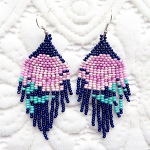 Colorful Flower Earrings Navy Purple Beaded Earrings Floral Boho style Dangle Earrings Bead tassel Earrings Emerald Seed Bead Earrings