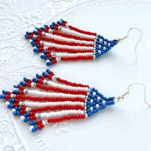 American Flag Earrings earrings Long tassel earrings Beaded earrings Fringe earrings American Indian style Navy Blue tassel Seed bead gift