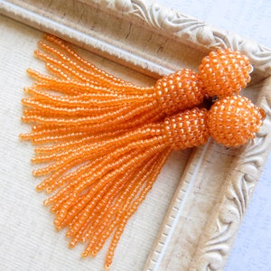 Pale Orange beaded tassel earrings Oscar de la Renta style earrings Fringe Clip on earrings Stud Long tassel earrings Orange Oscar earrings