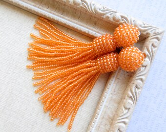 Pale Orange beaded tassel earrings Oscar de la Renta style earrings Fringe Clip on earrings Stud Long tassel earrings Orange Oscar earrings