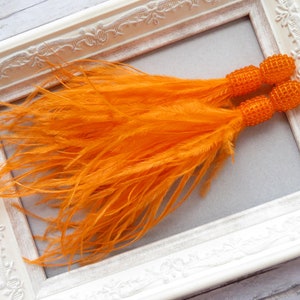 Orange Ostrich Feather Earrings Long Beaded tassel earrings Oscar Fringe earrings Orange clip on tassel earrings Seed bead Bridal Jewelry