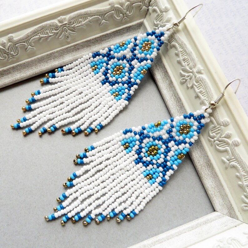 Native Beaded Earrings Long White Blue Seed Bead Earrings Multicolored ...